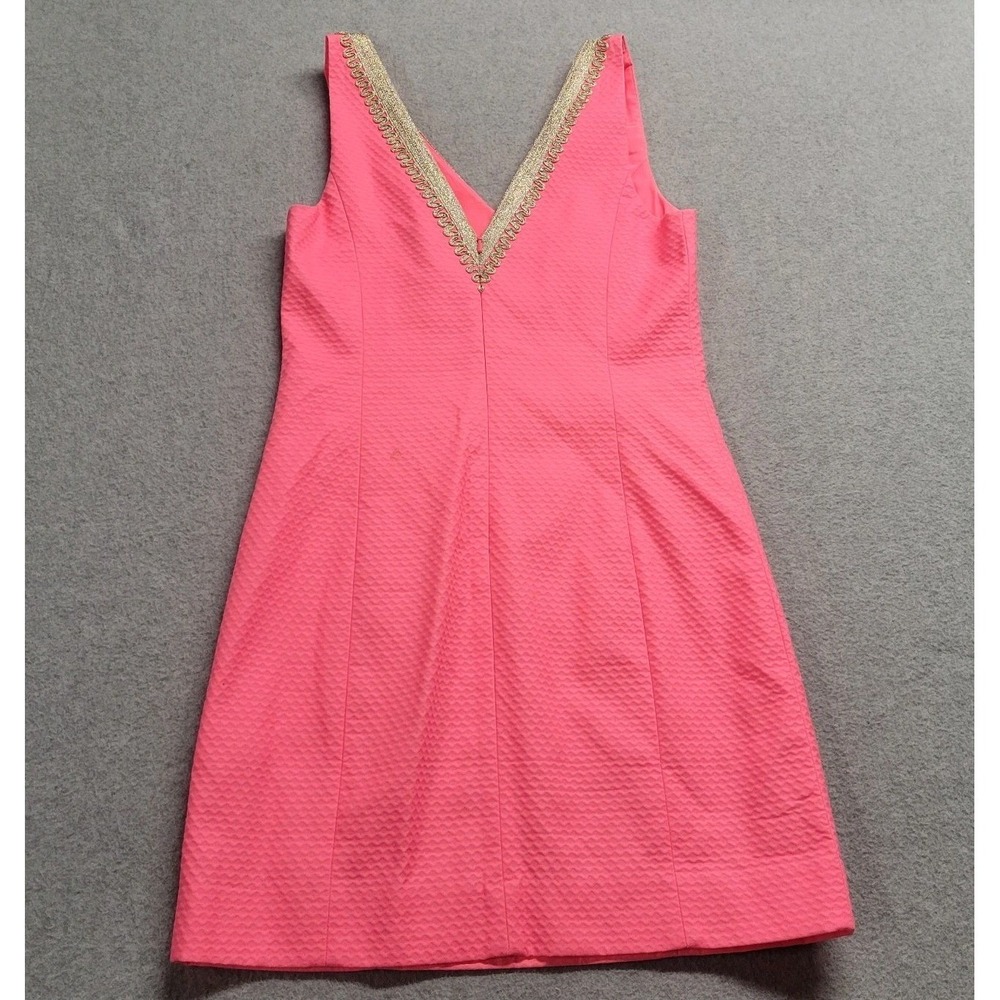 Lilly‎ Pulitzer Pink Seersucker Gold Soutache Embroidered V-Neck Shift Dress 0 - Picture 12 of 15